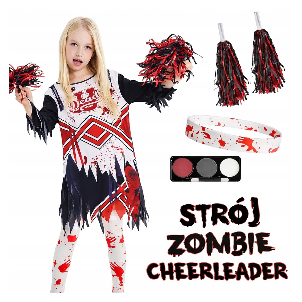 STRÓJ ZOMBIE CHEERLEADER DZIEWCZĘCY KOSTIUM + POMPONY + AKCESORIA roz. M