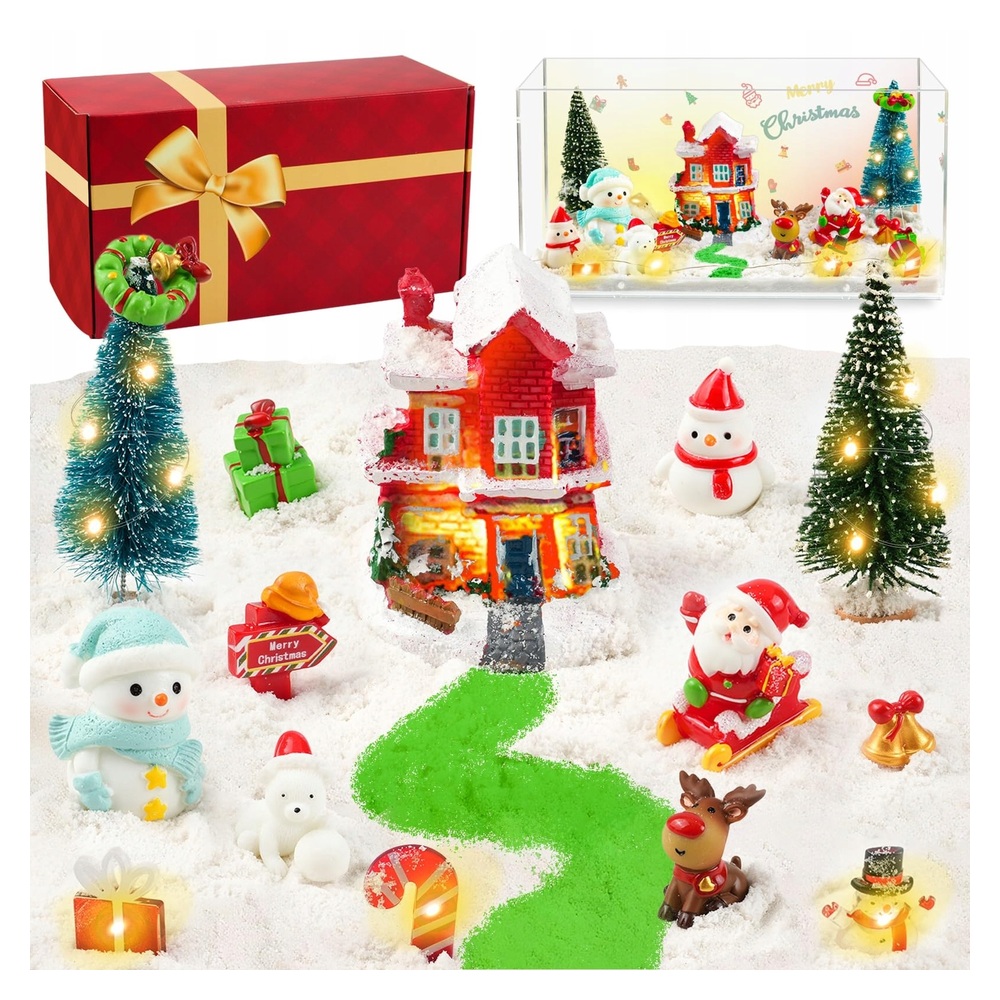 Zestaw świąteczny DIY domek LED figurki choinka bałwan dekoracja świąteczna