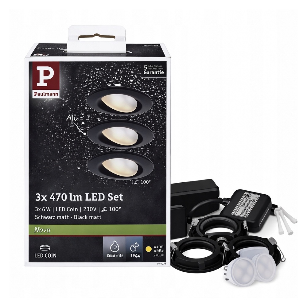 Paulmann Nova LED Set 3x470lm IP44 2700K czarne oczka sufitowe zestaw 230V