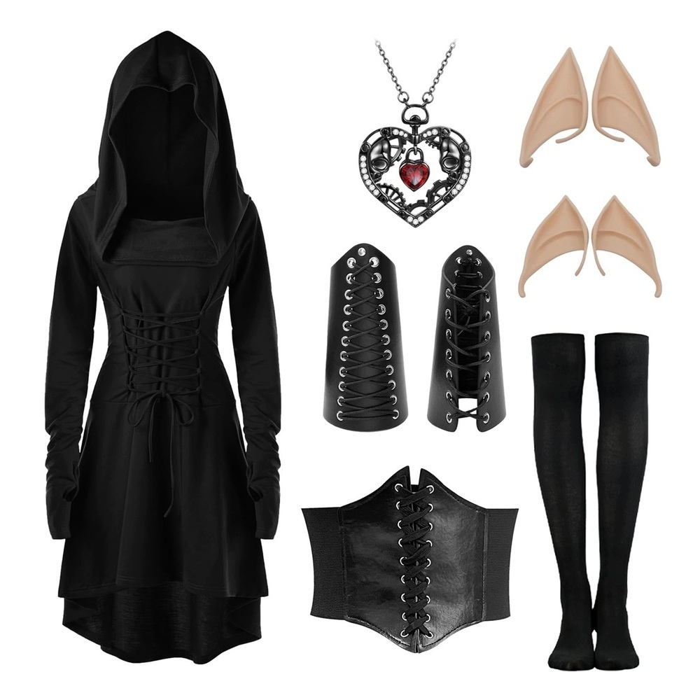 Sukienka Gotycka z Kapturem Halloween Elf Cosplay XL