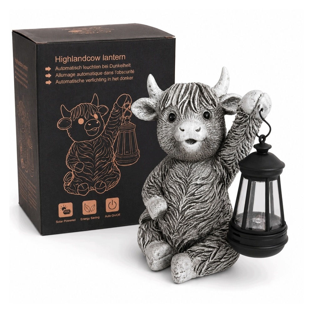 Figurka Solarna Krowa Highland z Lampionem LED Dekoracja Ogrodowa 20 cm