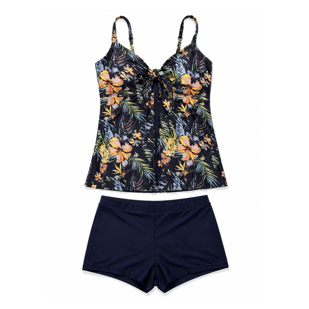 Tankini Damskie XXL Strój Kąpielowy 2-częściowy Kwiaty Szorty XXL