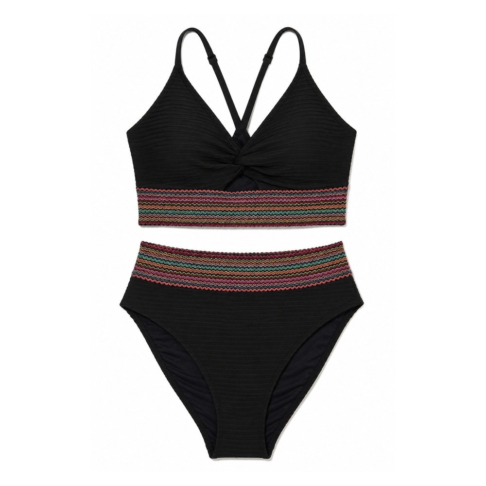 CUPSHE Bikini Damskie Wysoki Stan Czarne Kolorowy Pas Strój Kąpielowy XL