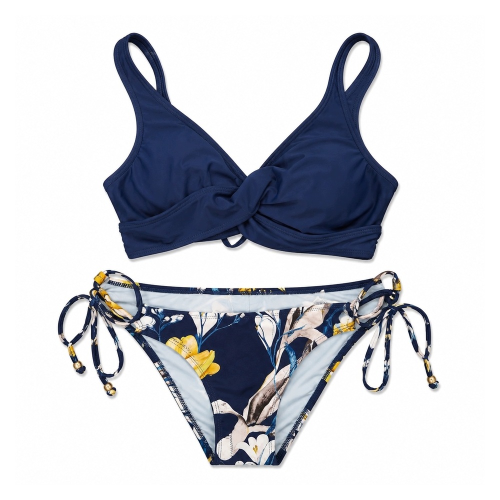 CUPSHE Dwuczęściowy Strój Kąpielowy Damski Bikini Granatowy Kwiaty Rozm. S