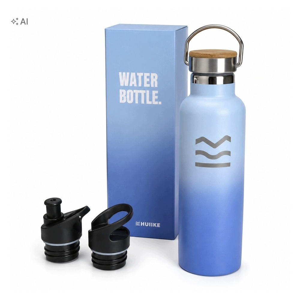 HUIIKE Butelka na wodę 750 ml stal nierdzewna 3 korki niebieska