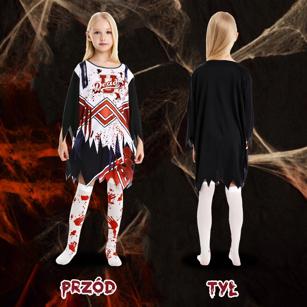 STRÓJ ZOMBIE CHEERLEADER DZIEWCZĘCY KOSTIUM + POMPONY + AKCESORIA roz. M — zdjęcie 4