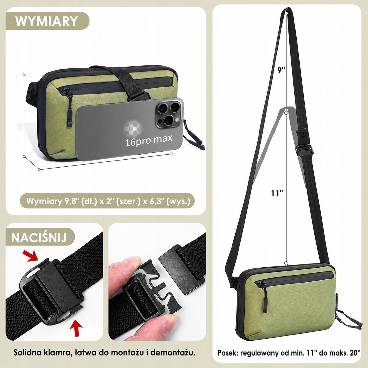 SIMTOP Torba na ramię saszetka organizer zielona 24x16 cm khaki — zdjęcie 4