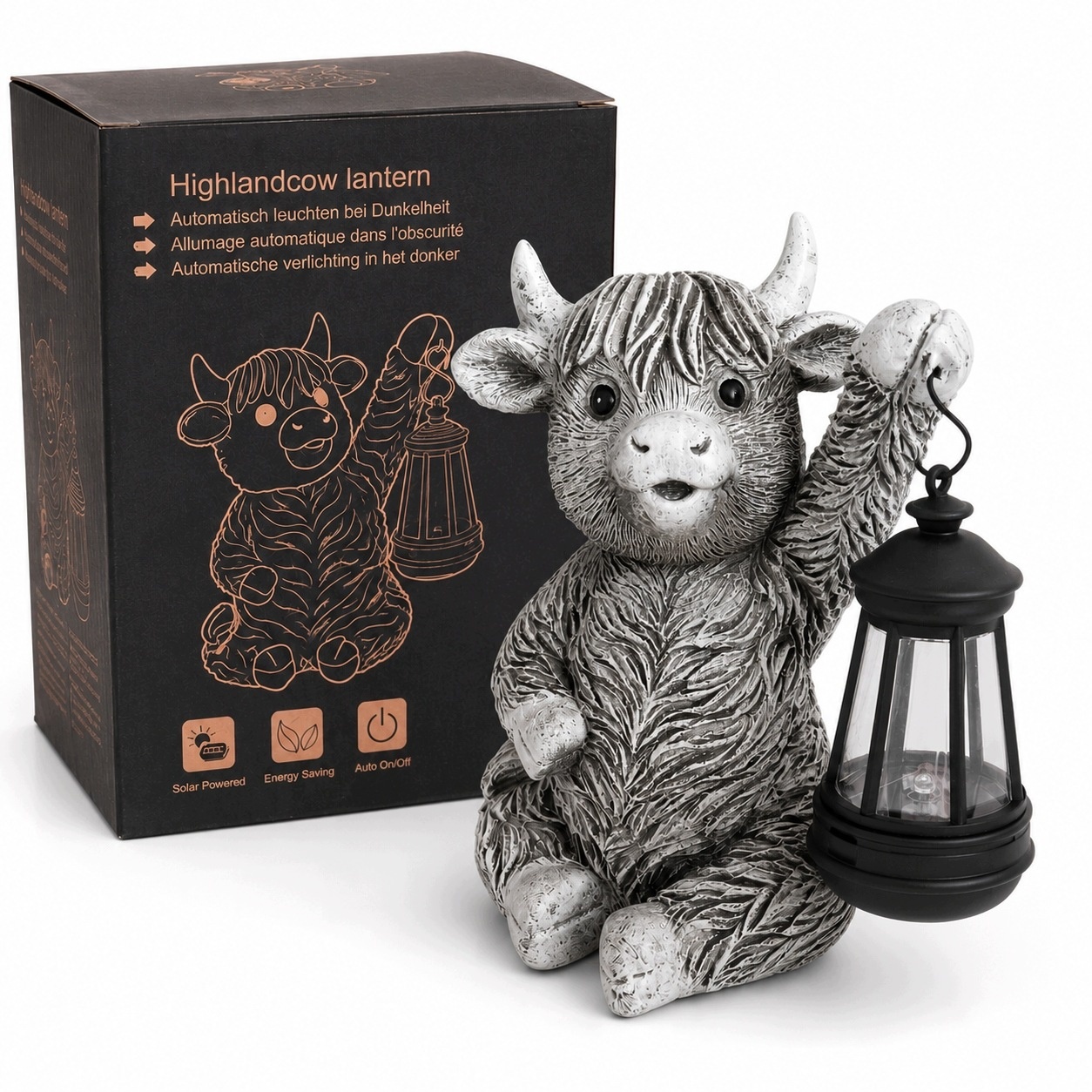 Figurka Solarna Krowa Highland z Lampionem LED Dekoracja Ogrodowa 20 cm — zdjęcie 2