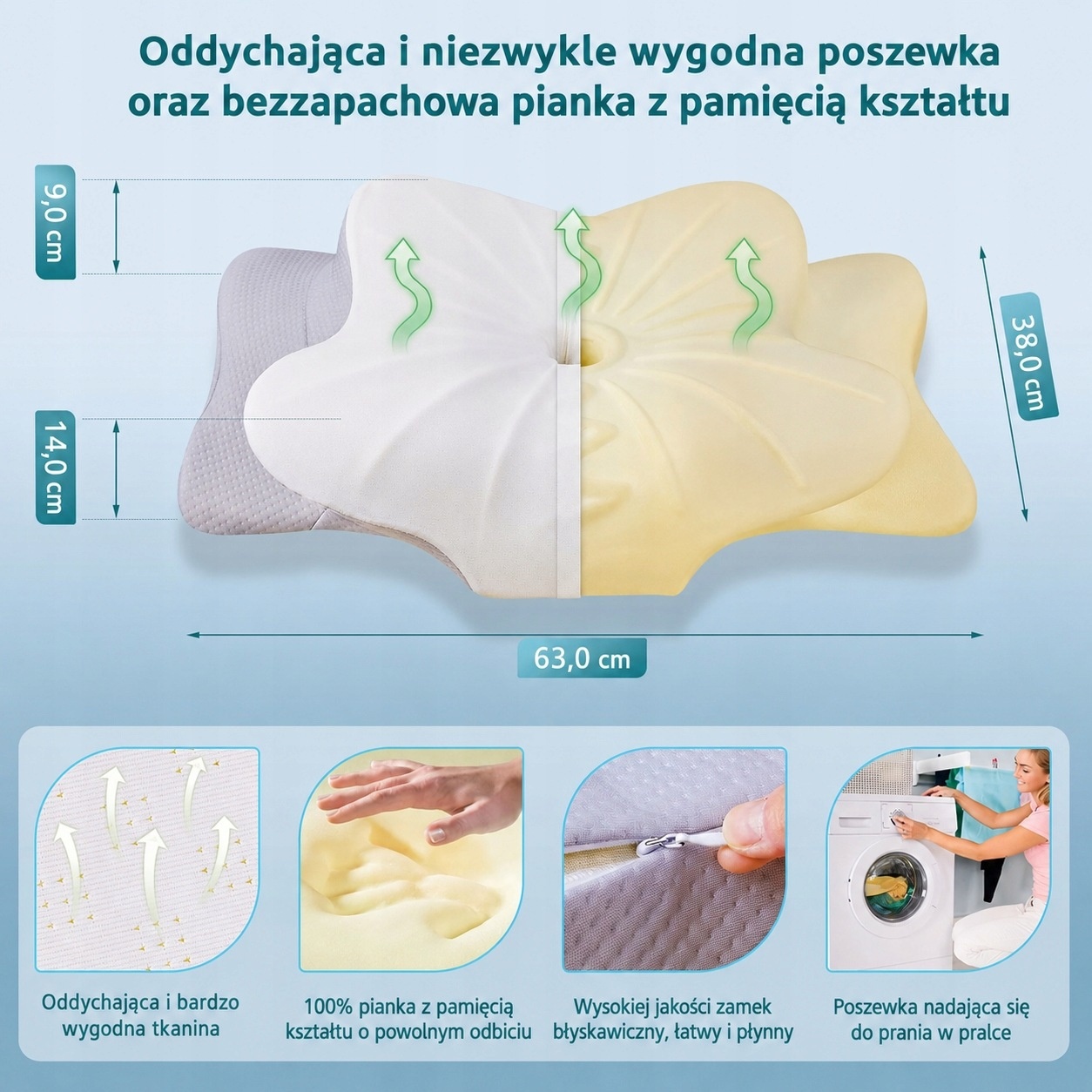 DONAMA Poduszka Ortopedyczna Pianka Memory 63x38 cm ergonomiczna 9/14 cm — zdjęcie 3