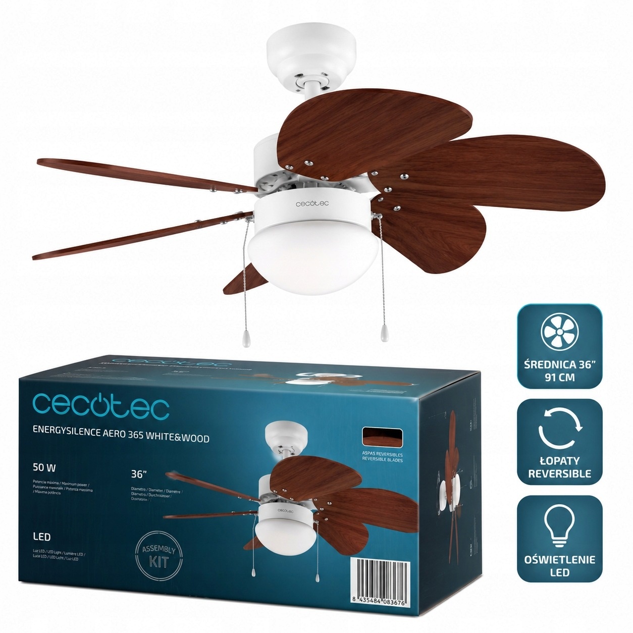 Wentylator sufitowy Cecotec EnergySilence Aero 365 White&Wood LED 36" — zdjęcie 2