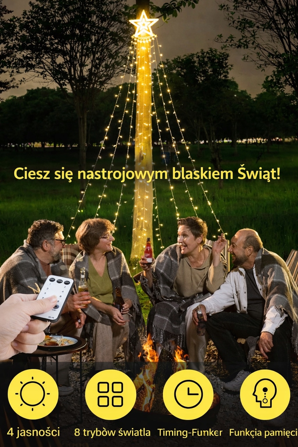 Lampki choinkowe LED kurtyna zewnętrzna 8 trybów pilot gwiazda — zdjęcie 6