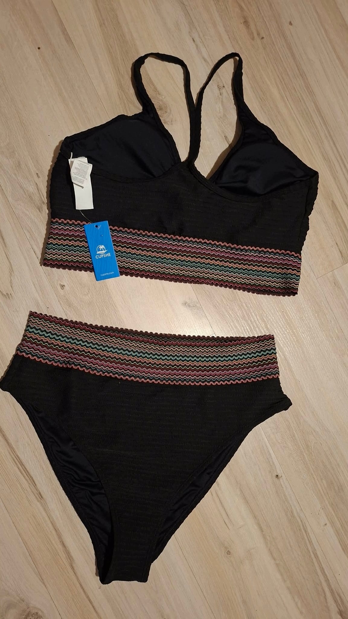 CUPSHE Bikini Damskie Wysoki Stan Czarne Kolorowy Pas Strój Kąpielowy XL — zdjęcie 4