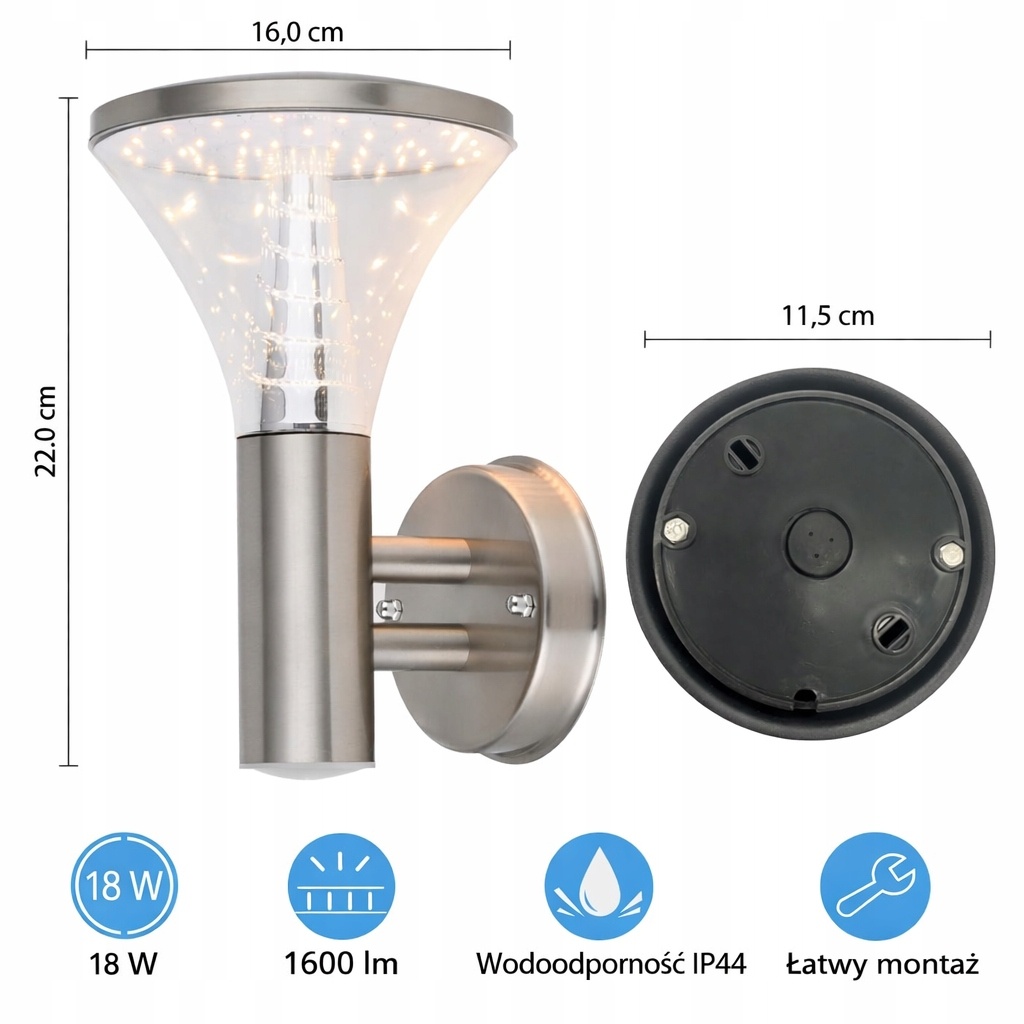 Kinkiet LED zewnętrzny IP44 stal nierdzewna 18W 1600lm — zdjęcie 4