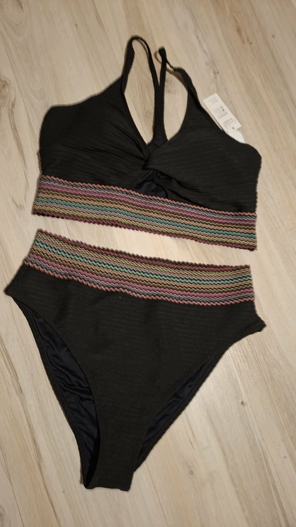 CUPSHE Bikini Damskie Wysoki Stan Czarne Kolorowy Pas Strój Kąpielowy XL — zdjęcie 3