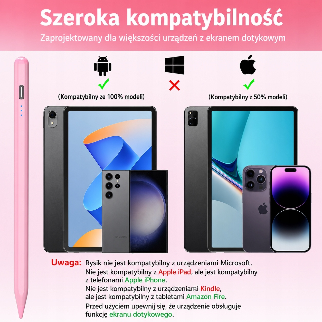 Stylus Pen uniwersalny do ekranów dotykowych USB-C różowy — zdjęcie 3