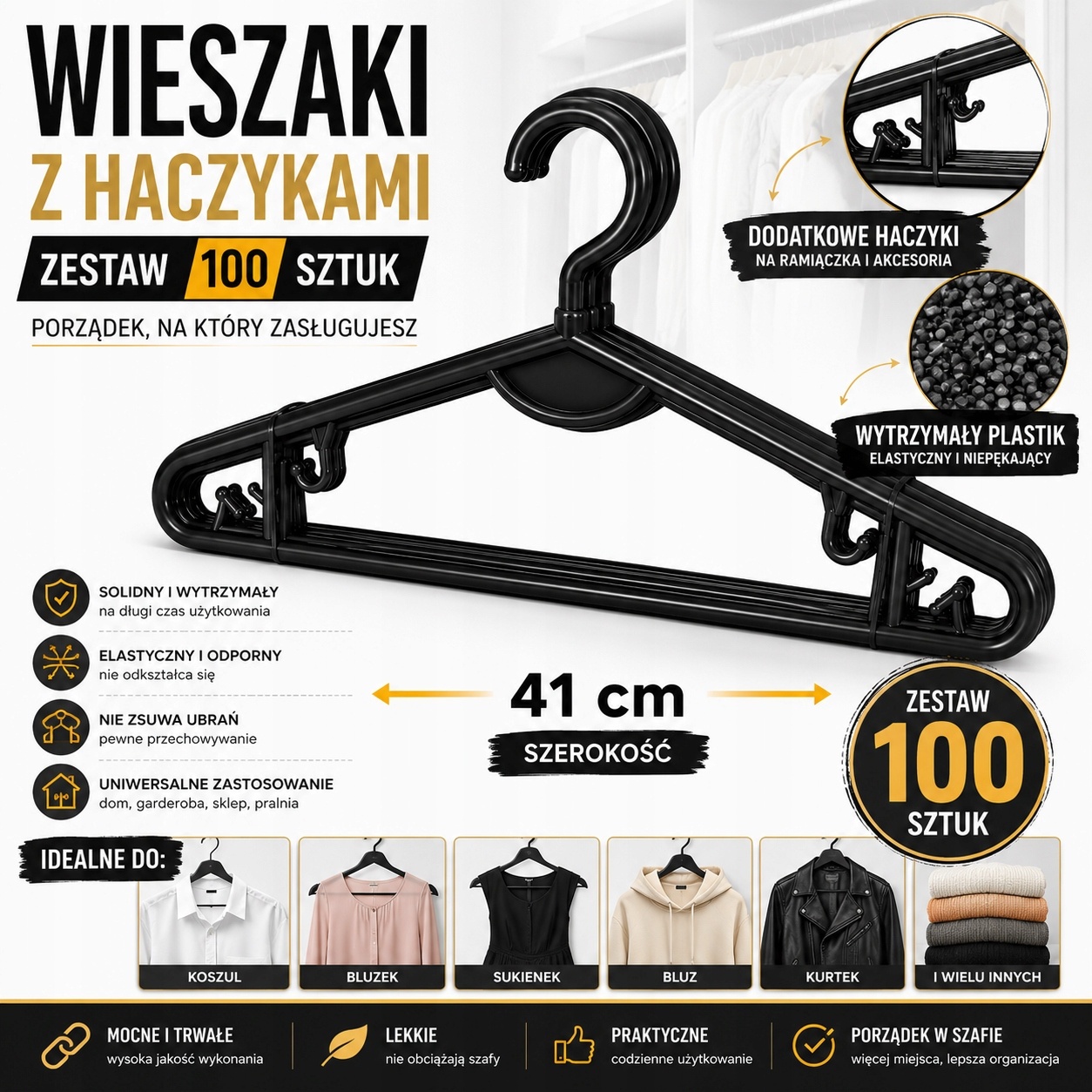 Wieszaki Ubraniowe Plastik Czarne 100 szt. Solidne Uniwersalne z Haczykami — zdjęcie 9