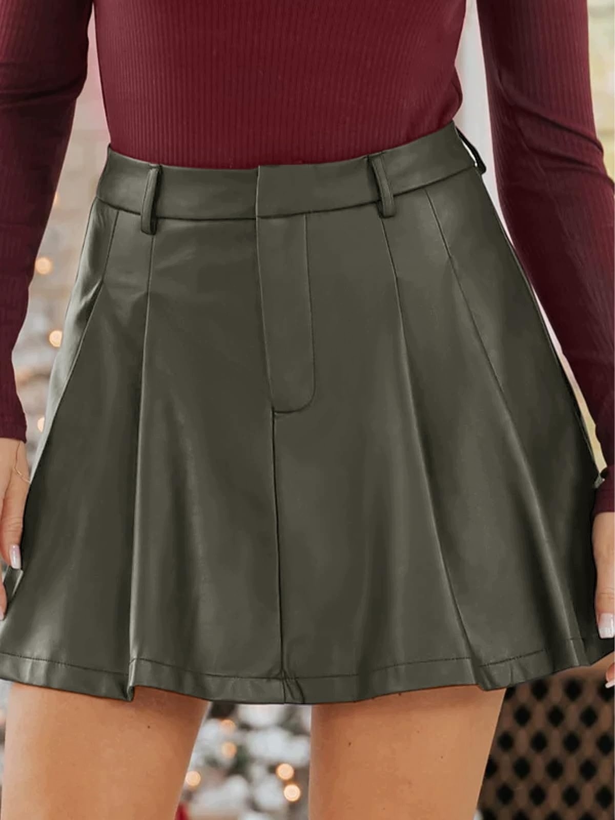 Spódnica Damska Skórzana Mini Rozkloszowana z Wysokim Stanem XXL khaki — zdjęcie 4