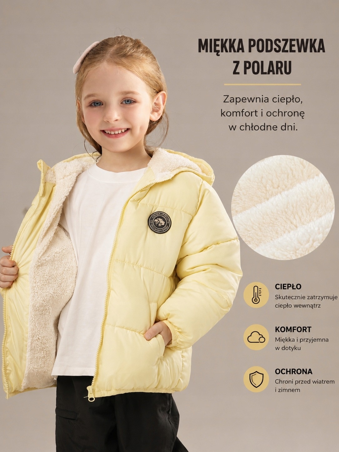 Kurtka zimowa dziecięca ocieplana z kapturem polar żółta 116 — zdjęcie 5