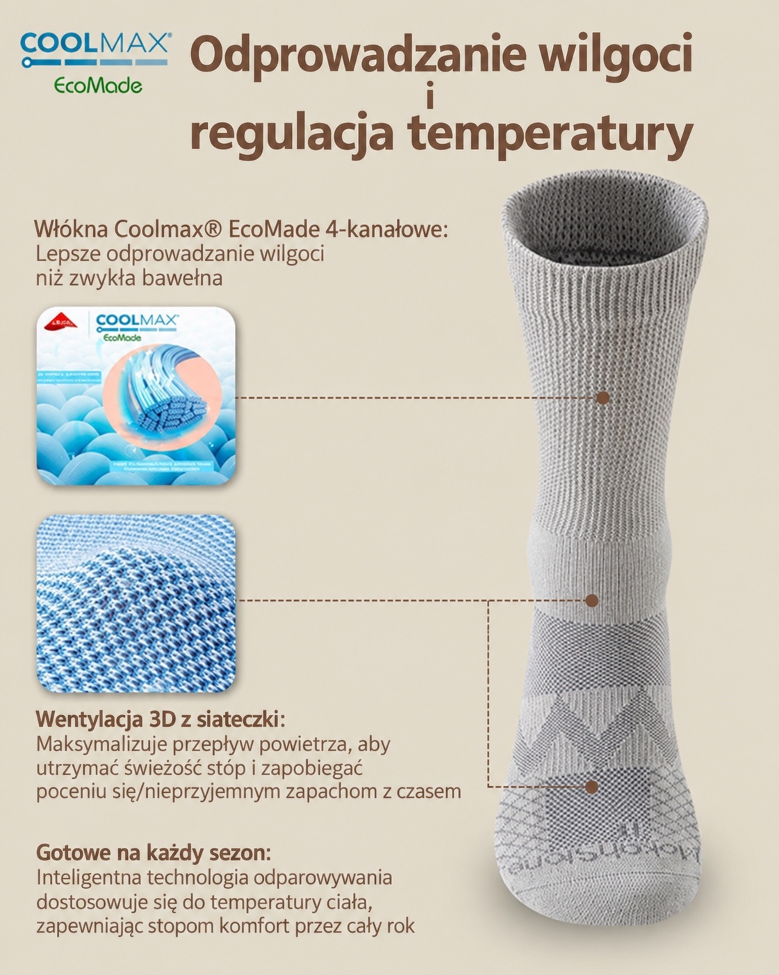 Mokah Stone skarpety dla diabetyków Coolmax Lycra bezuciskowe szare XL — zdjęcie 5