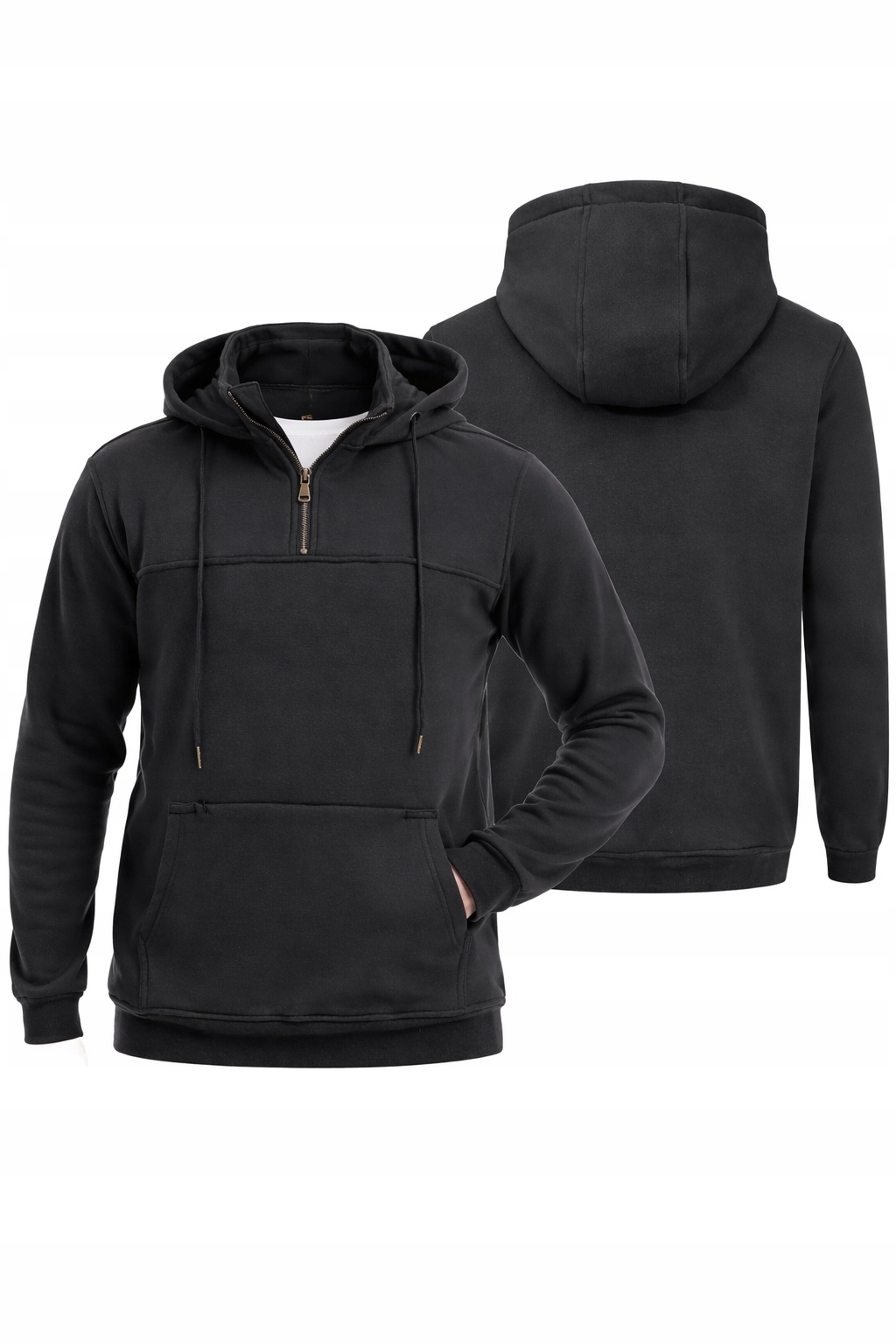 BLUZA UNISEX Z KAPTUREM CZARNA KANGURKA PÓŁZAMEK SPORTOWA CASUAL — zdjęcie 2