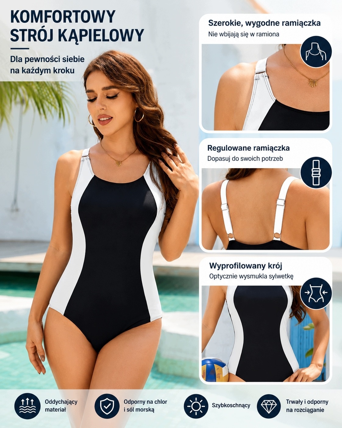 Strój Kąpielowy Jednoczęściowy Modelujący Damski Czarno-Biały L — zdjęcie 6
