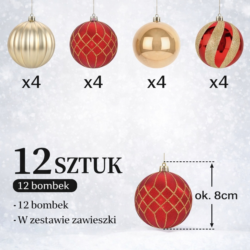 Bombki choinkowe zestaw 12 szt 8cm czerwono złote komplet ozdoby na choinke — zdjęcie 5