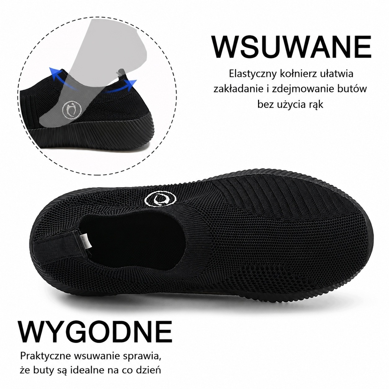 Buty Wsuwane Sportowe Damskie Lekkie Oddychające Slip-on Czarne rozm. 41 — zdjęcie 5