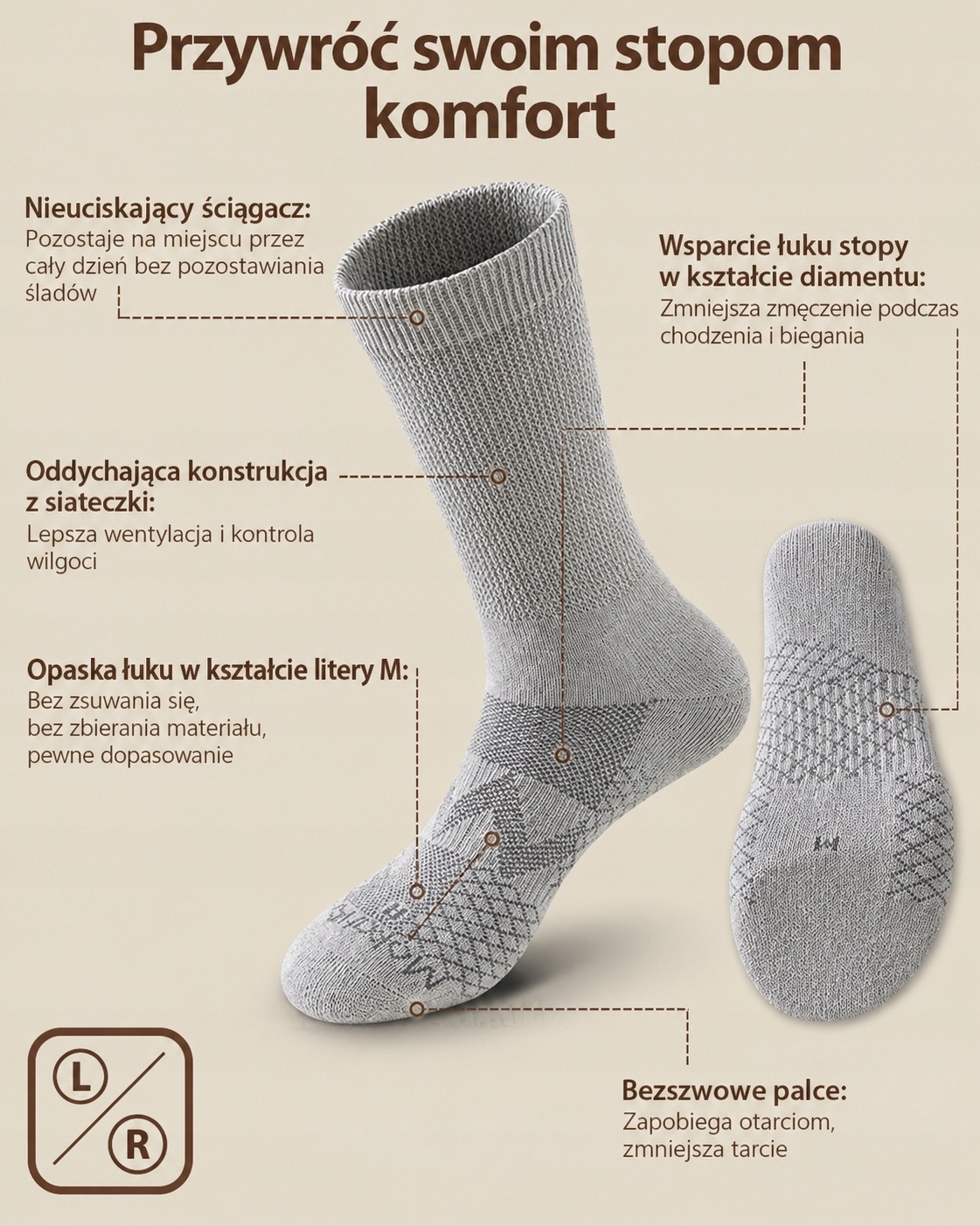 Mokah Stone skarpety dla diabetyków Coolmax Lycra bezuciskowe szare XL — zdjęcie 6