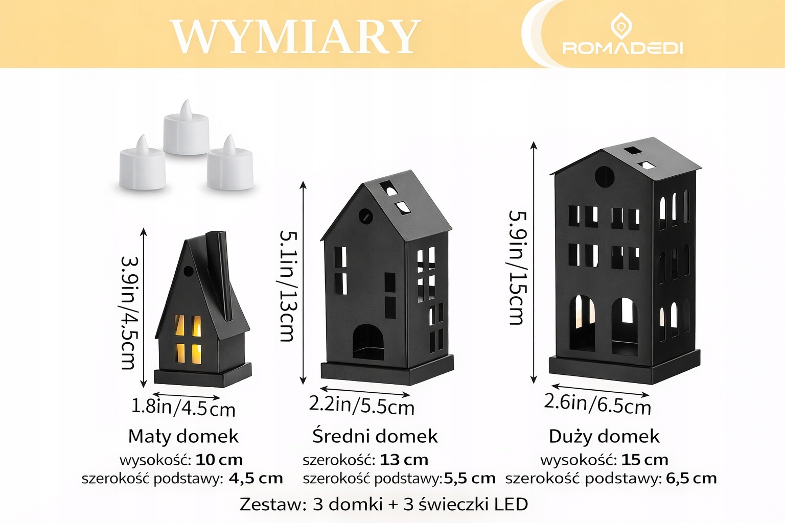 Lampiony dekoracyjne ROMADEDI domki metalowe zestaw 3 szt LED świeczki — zdjęcie 5