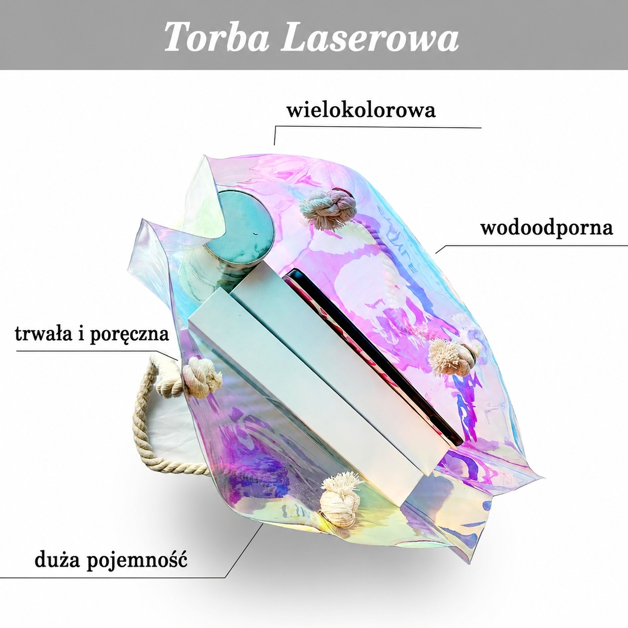 Holograficzna torba z PVC na zakupy lub plażę 40×30×10 cm — zdjęcie 5