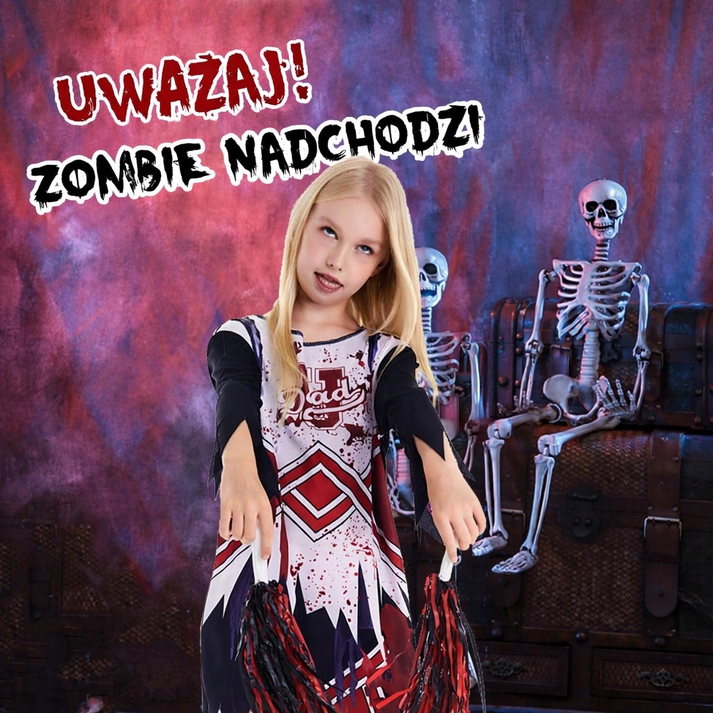 STRÓJ ZOMBIE CHEERLEADER DZIEWCZĘCY KOSTIUM + POMPONY + AKCESORIA roz. M — zdjęcie 5