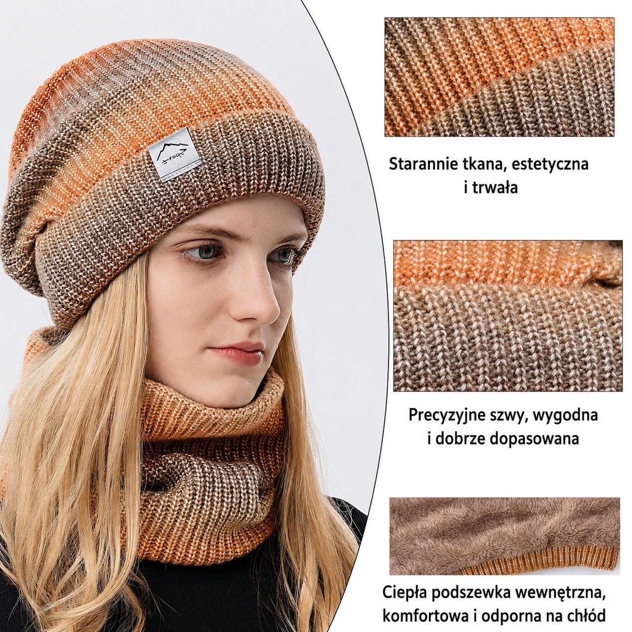WANYIG Czapka zimowa dzianinowa z szalikiem (gradient pomarańczowy) — zdjęcie 3