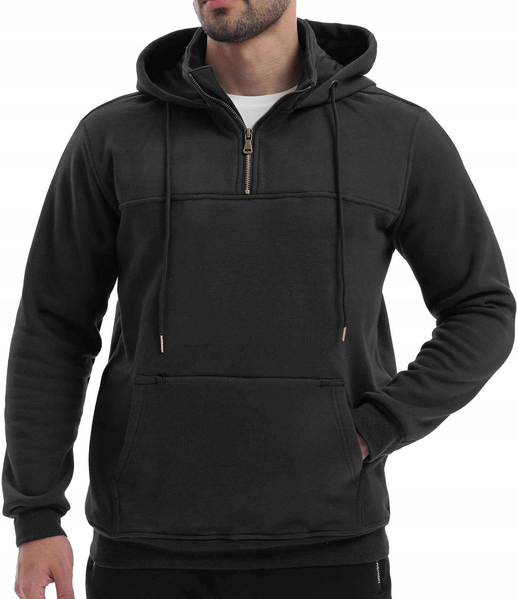 BLUZA UNISEX Z KAPTUREM CZARNA KANGURKA PÓŁZAMEK SPORTOWA CASUAL — zdjęcie 3