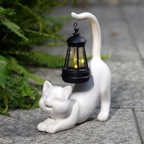Dekoracyjna rzeźba kota z żywicy z latarnią solarną lampa solarna do ogrodu — zdjęcie 3