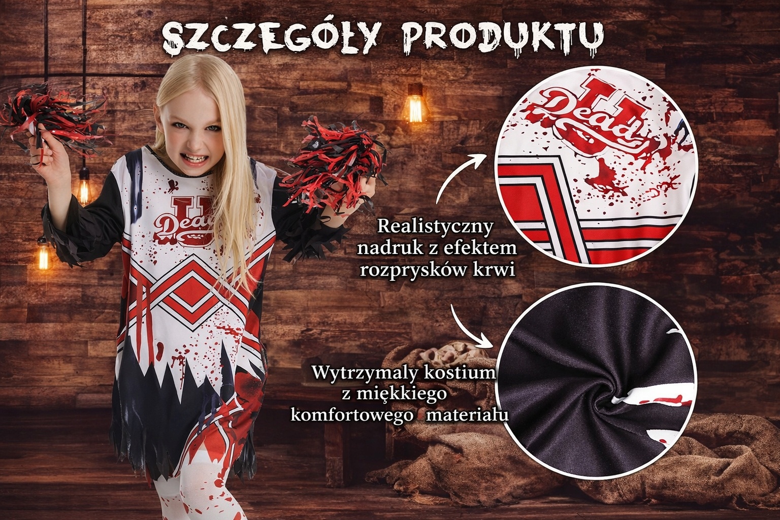 STRÓJ ZOMBIE CHEERLEADER DZIEWCZĘCY KOSTIUM + POMPONY + AKCESORIA roz. M — zdjęcie 3
