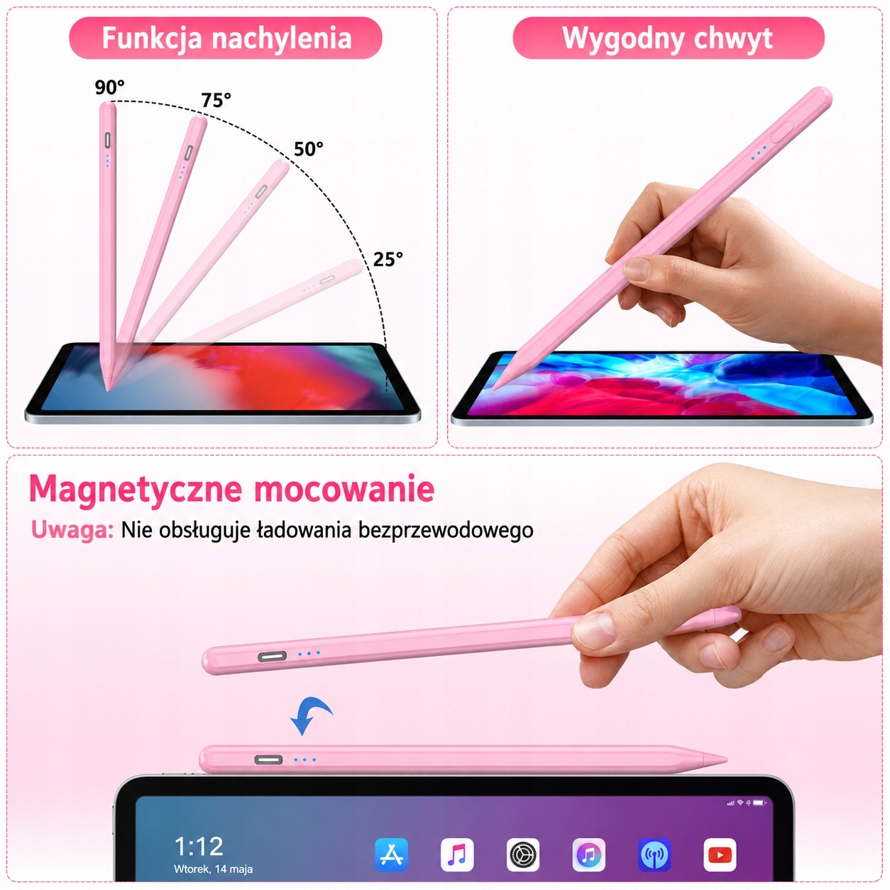 Stylus Pen uniwersalny do ekranów dotykowych USB-C różowy — zdjęcie 5