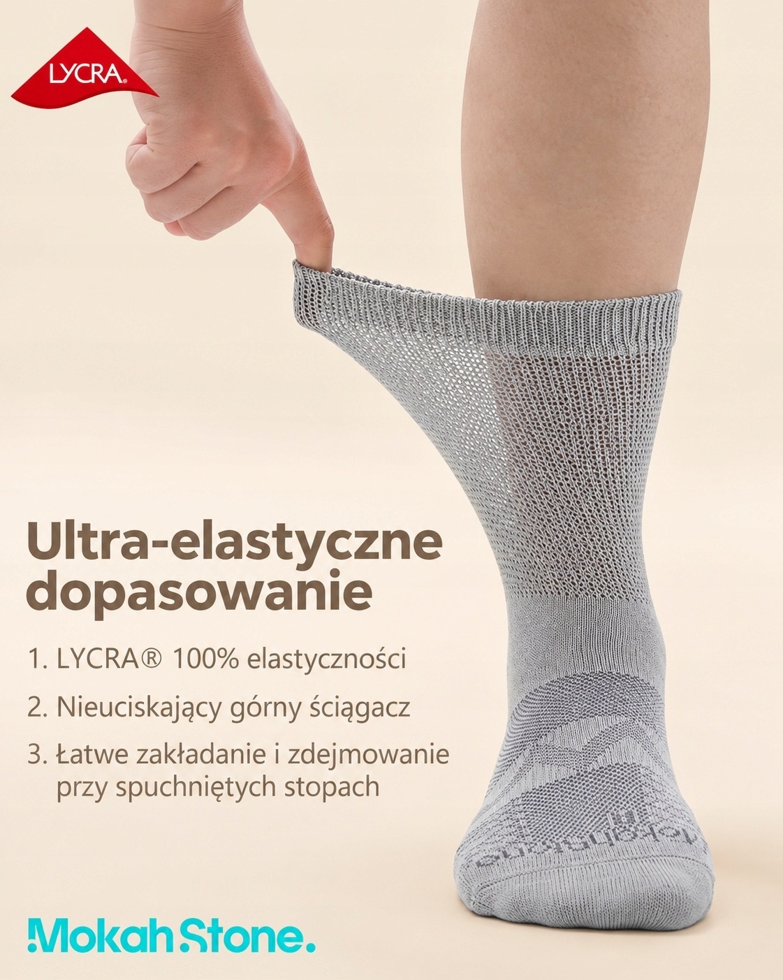Mokah Stone skarpety dla diabetyków Coolmax Lycra bezuciskowe szare XL — zdjęcie 4