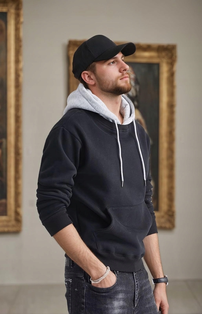 Bluza Męska z Kapturem Hoodie Czarna Szary Kieszeń Casual XL — zdjęcie 3