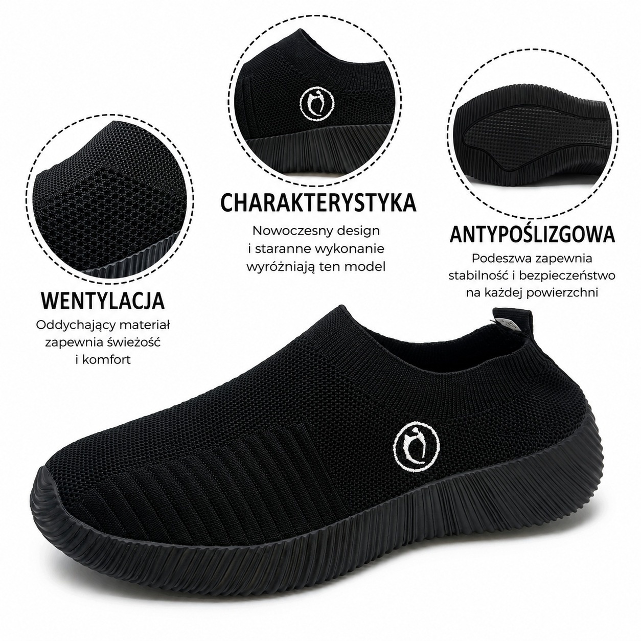 Buty Wsuwane Sportowe Damskie Lekkie Oddychające Slip-on Czarne rozm. 40 — zdjęcie 4