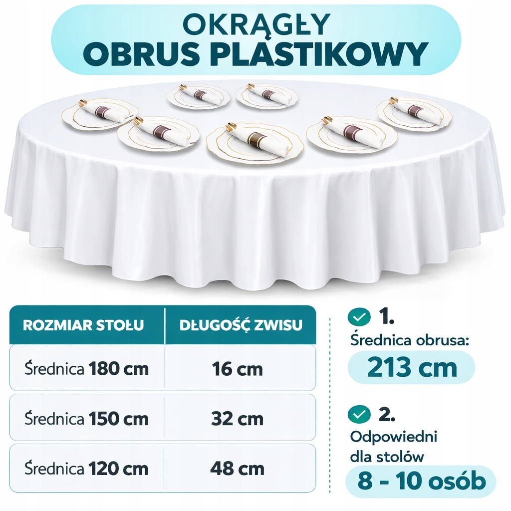 10szt. biały obrus okrągły plastikowy 213cm CAIJ PEVA Jednorazowy — zdjęcie 3
