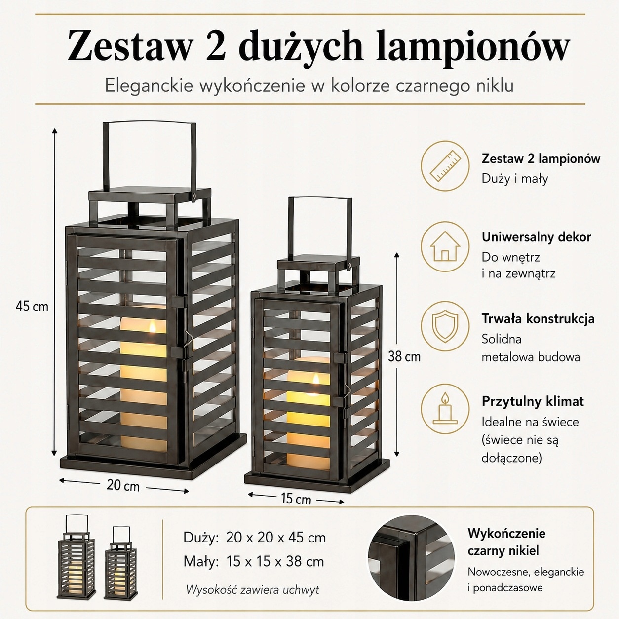 TRIROCKS Zestaw 2 lampionów metalowych ze szkłem na świece czarny nikiel — zdjęcie 4