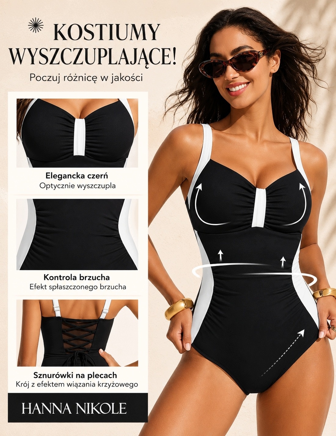Strój Kąpielowy Damski Jednoczęściowy Modelujący Czarno-Biały M — zdjęcie 5