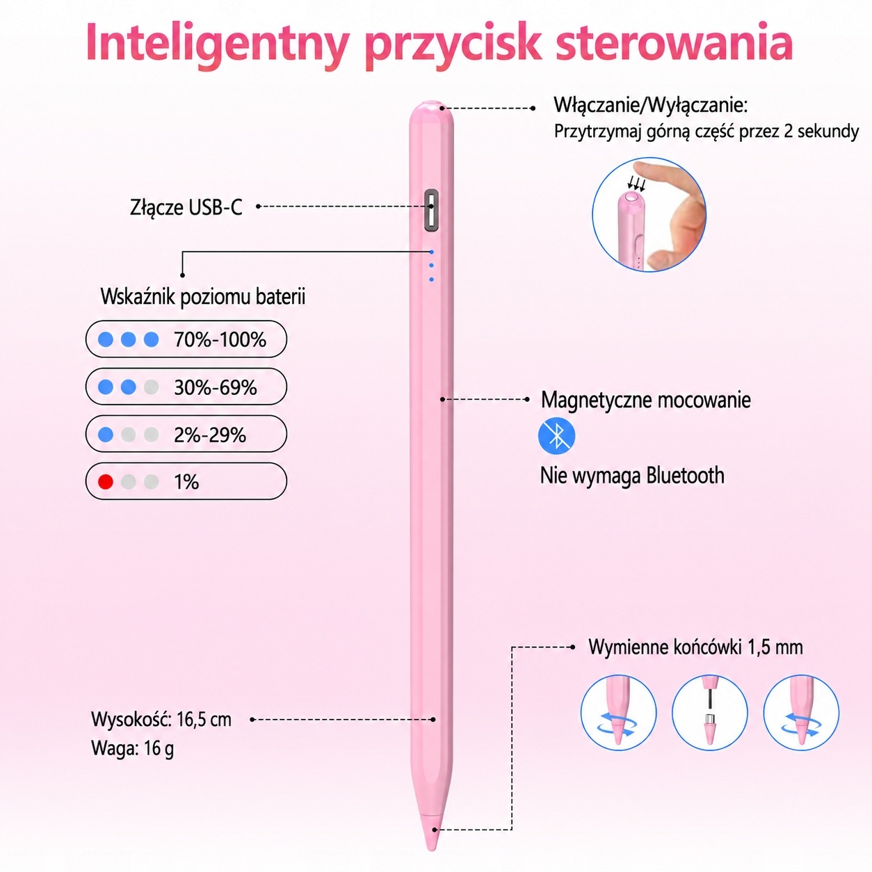 Stylus Pen uniwersalny do ekranów dotykowych USB-C różowy — zdjęcie 6