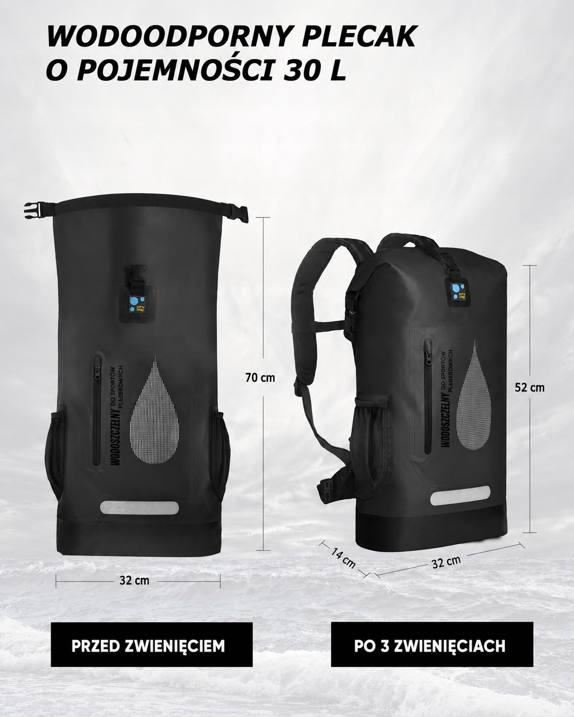 IDRYBAG Plecak wodoszczelny 30L czarny roll-top outdoor + worek 2L — zdjęcie 3