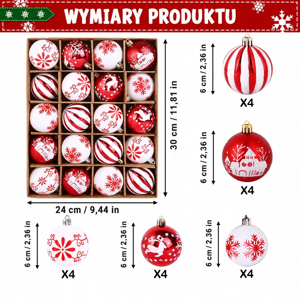Bombki na choinkę czerwono-białe zestaw 20 szt. różne wzory — zdjęcie 6
