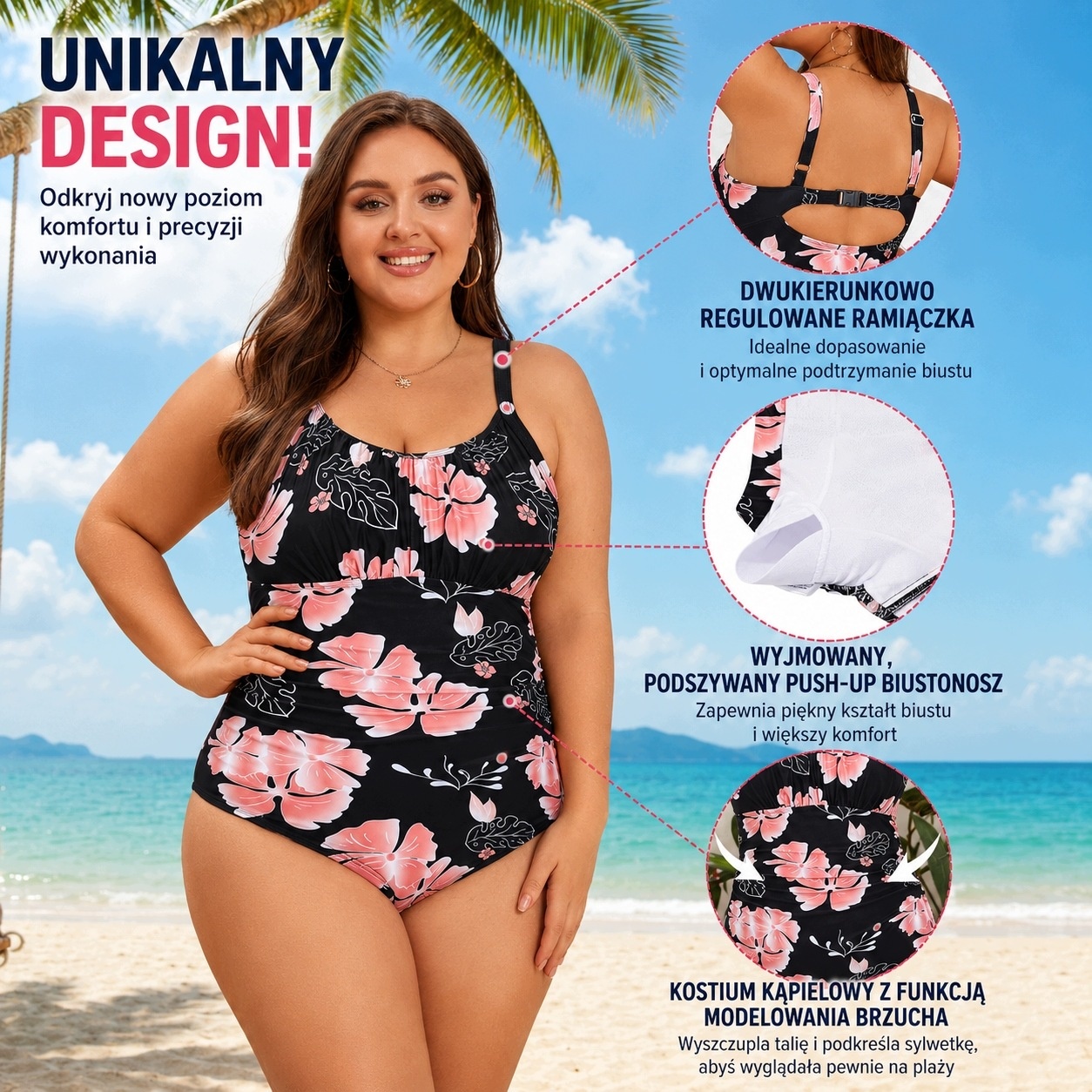 Strój Kąpielowy Damski Jednoczęściowy Modelujący Kwiaty XL — zdjęcie 6