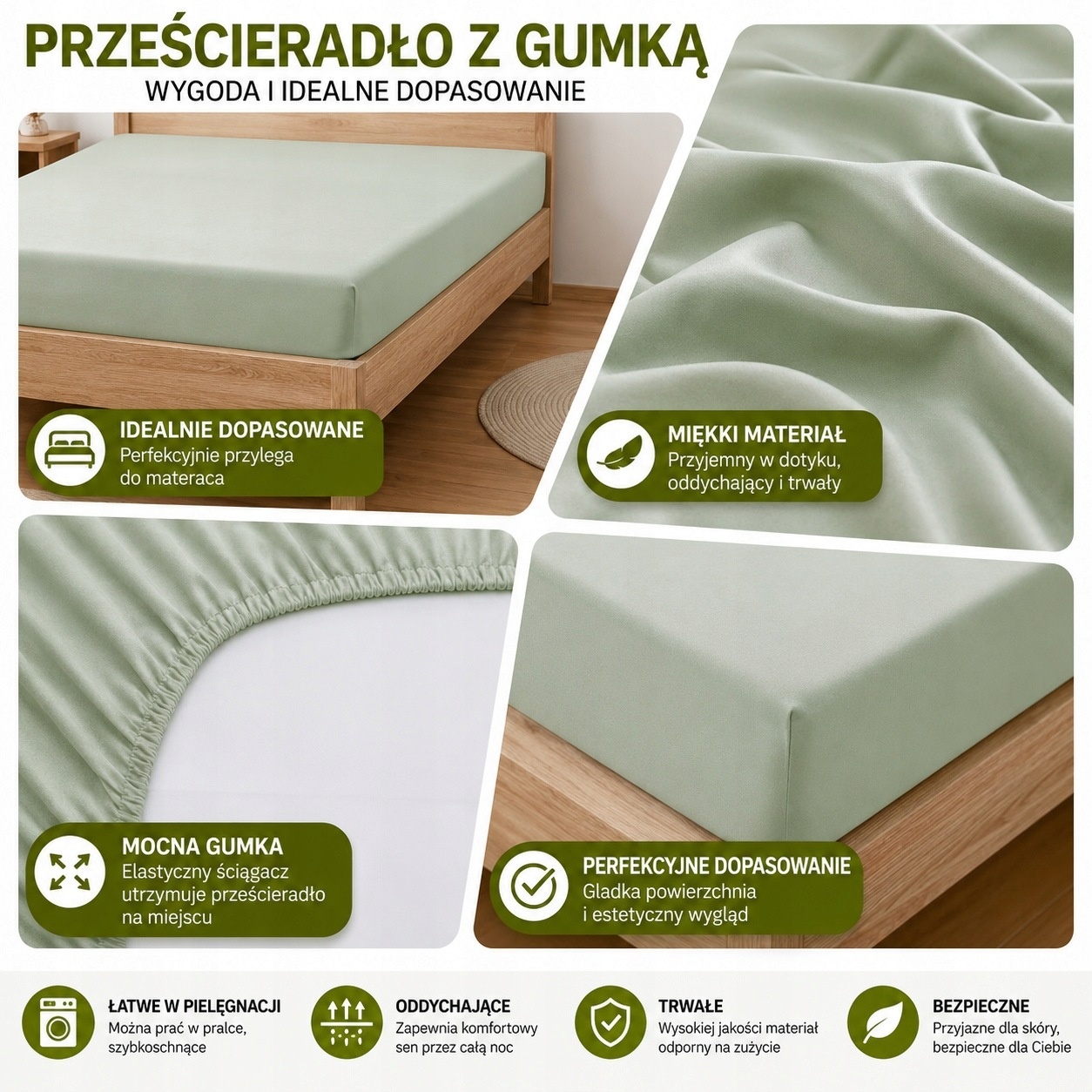 2x Puredown Prześcieradło z Gumką Mikrofibra 140x200 Zielone 120 g/m² — zdjęcie 3