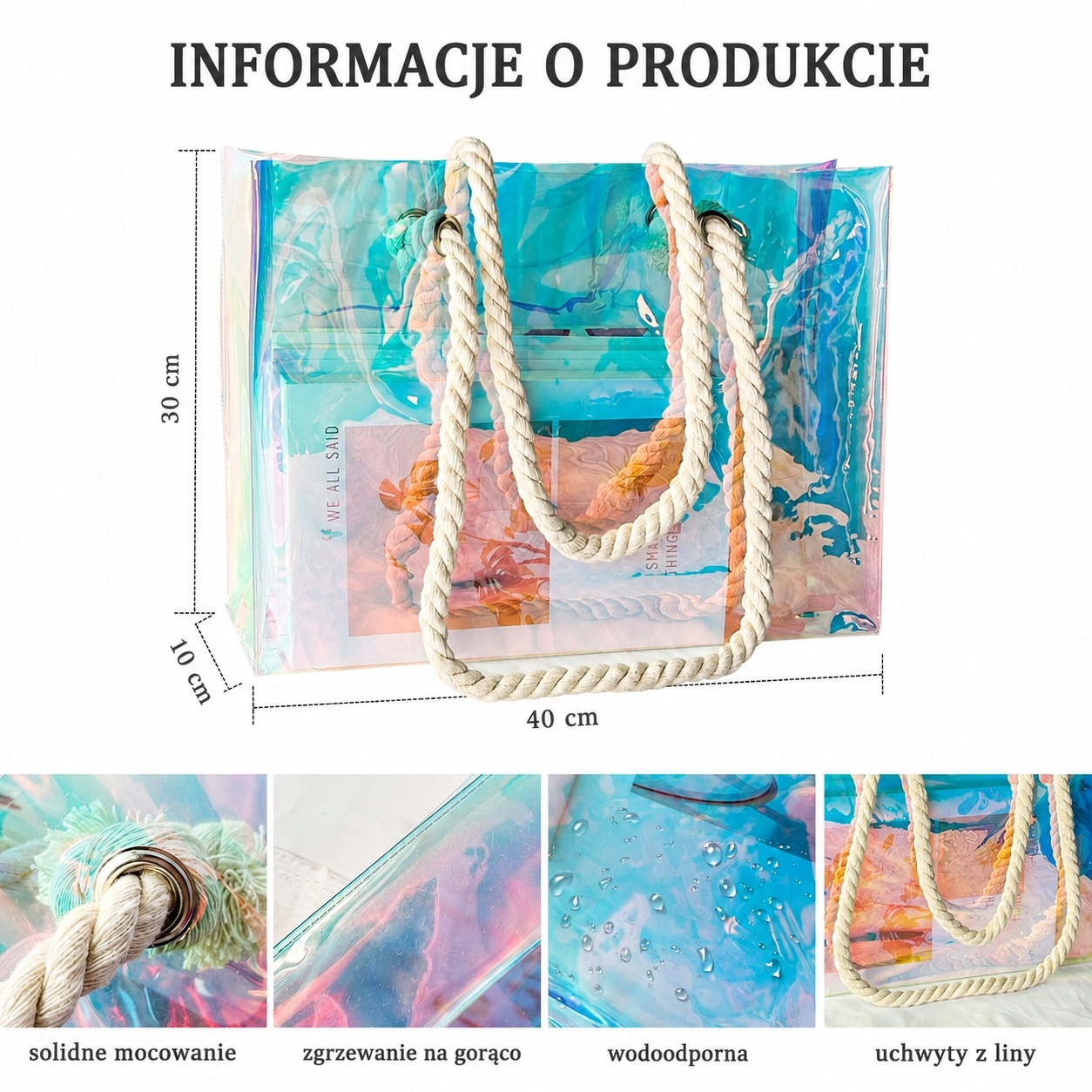 Holograficzna torba z PVC na zakupy lub plażę 40×30×10 cm — zdjęcie 4