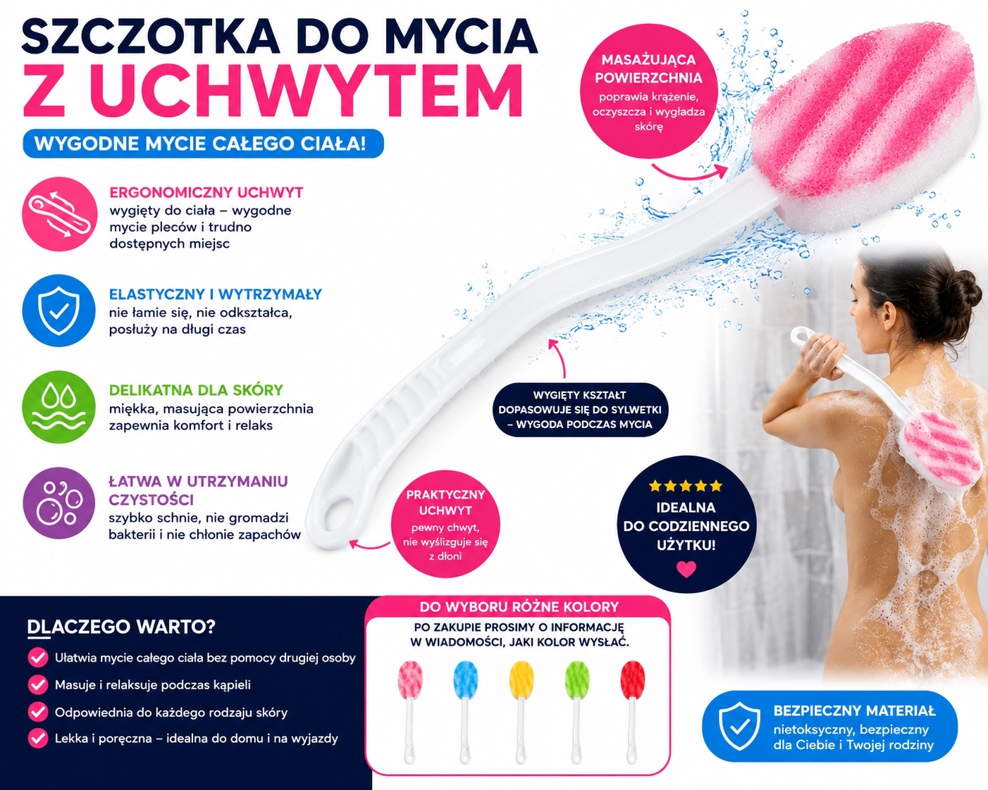 SZCZOTKA DO MYCIA PLECÓW Z GĄBKĄ MASUJĄCĄ DŁUGI UCHWYT MIX KOLORÓW 5 sztuk — zdjęcie 3