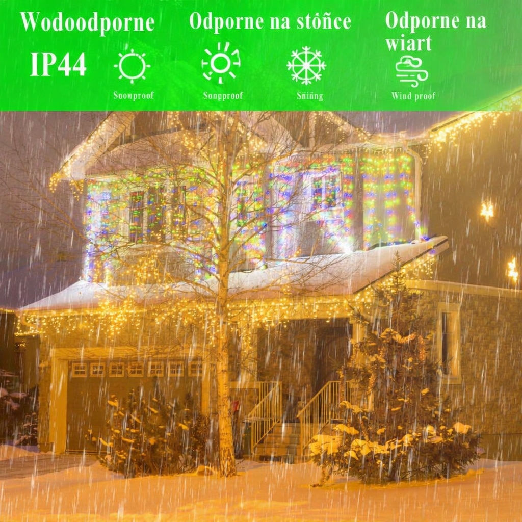 Kurtyna świetlna LED sopelki 8 trybów zewnętrzna IP44 EXTRA 216 lampek 5M — zdjęcie 5